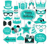 Fangleland Turquoise Birthday Photo Booth Props, 24PCS Teal Blue Happy Birthday Decorations with Forever Young Selfie Picture Props for Adults Birthday Party Supplies