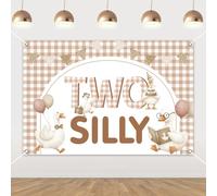 Fangleland Two Silly Goose Backdrop 5x3 ft, Khaki Goose 2nd Birthday Photography Background Banner, Farm Animal Little Geese Party Supplies for 2 Years Old Birthday