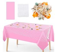 Fangoo 100x200cm Pink Fish Net with Starfish Seashell Tablecloth Decorations Fishnet Tablecover for Mermaid Birthday Party Decoration Nautical Beach Under The Sea Party Crafts Mediterranean Decor