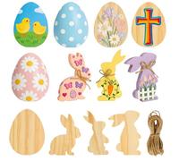 Fangoo 12 Pcs Easter Wooden Cutouts Bunny Egg with 5m Jute Ropes Unfinished Rustic Easter Table Signs Block for Table Centerpiece Decor Paint DIY Craft Spring Home Decor Tiered Tray Supplies
