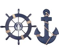 Fangoo 2 Pack 28 CM Wooden Ship Wheel and 33 CM Wood Anchor with Rope Nautical Boat Steering Rudder Wall Decor Door Hanging Ornament
