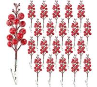 Fangoo 20Pcs Artificial Snowy Red Berry Stems with Clips for Christmas Tree | Fake Holly Berries Branches, Small Red Berry Picks, DIY Holiday Wreath Craft, Xmas Ornaments Decor, Winter Wedding Home Decor