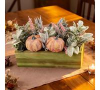 Fangoo 28cm Artificial Frost Pumpkin in Wood Box Thanksgiving Table Centerpiece Faux Eucalyptus for Fall Mantel Dining Shelf Coffee Tabletop Farmhouse Home Autumn Arrangements Porch Decor