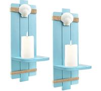 Fangoo 2Pcs 40cm Blue Wooden Wall Candle Holders with Natural Sea Shell Ocean Themed Wall Mount Candle Sconces Rustic Farmhouse Decorations for Bathroom Home Living Room Hallway Hanging Floral Display