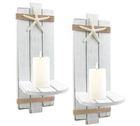 Fangoo 2pcs 40cm White Wooden Wall Candle Holders with Natural Starfish Ocean Themed Wall Mount Candle Sconces Rustic Farmhouse Decorations for Bathroom Home Living Room Hallway Hanging Floral Display