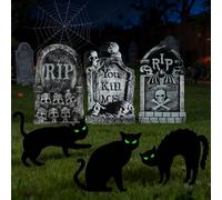 Fangoo 3 Pcs RIP Halloween Tombstone Yard Sign with 3 Pcs Glow in the Dark Black Cats Decorations Halloween Horror Gravestones Decorations for Graveyard Road outdoor decorations