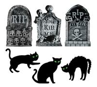 Fangoo 3 Pcs RIP Halloween Tombstone Yard Sign with 3 Pcs Glow in the Dark Black Cats Decorations Halloween Horror Gravestones Decorations for Graveyard Road outdoor decorations