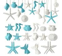 Fangoo 32Pcs Beach Theme Ornaments Resin for Christmas Tree Seashells Starfish Seahorse Couch Mermaid Tail Sand Dollar Shape Hanging for Summer Party Birthday Bathroom Decorations