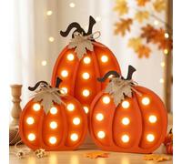 Fangoo 3Pcs Wooden Fall Pumpkins Light Up Table Centerpieces Decor | Pumpkin Block Table Signs, Autumn Tabletop Decorations, Rustic Thanksgiving Tiered Tray, Farmhouse Harves Home Shelf Decor
