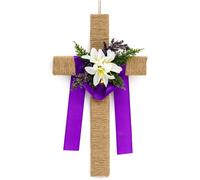 Fangoo 40 x 23 cm Easter Wooden Cross Front Door Sign Wreath with Lily Flowers Purple Ribbon Religious Christian Jesus Easter Hanger Decor for Wall Hanging Porch Decor Farmhouse Decorations