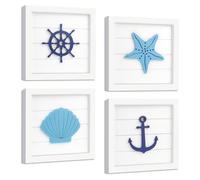 Fangoo 4Pack Nautical Beach 3D Wall Art Hanging Decoration Wood Ocean Starfish Seashell Anchor Ship Wheel Rustic Coastal Bathroom Ornaments Seaside for Walls beachy Room Home House Decor