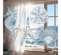 Fangoo 4Pcs Summer Beach Christmas Tree Decoration Acrylic Beach Theme Ornaments Starfish Seahorse Sand Dollar Scallop Ornaments for Coastal Party Wedding Birthday Party Bathroom Decor