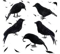 Fangoo 5 Pack Realistic Black Feathered Crows Halloween Decor, Lifelike Raven Halloween Decor with Real Feathers for Indoor/Outdoor Use