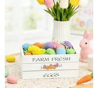 Fangoo 6.3 Inches Easter Mini Wooden Crate Decorations with Price Sign 12 Foam Eggs Farmhouse Tiered Tray Decor Happy Easter Tabletop Centerpiece for Spring Home Decor Dining Table Mantle