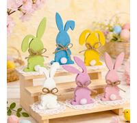 Fangoo 6 Pcs Easter Wooden Bunnies Table Signs with Jute Rope Colorful Freestanding Rustic Rabbit Shaped Tiered Tray Decor for Farmhouse Home Desk Easter Gift Dining Room Spring Party mantel Shelf