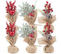 Fangoo 6pcs 21-25cm Small Christmas Tree Table Centrepiece Decorations with Red Berries Pine Cones Evergreen Branches for Home Xmas Fireplace Office Desktop Indoor Decor