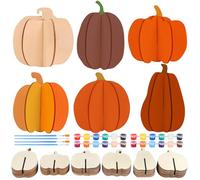 Fangoo 72Pcs Fall DIY Crafts Wooden Pumpkin Cutout to Paint with 24Pcs 12 Color Acrylic Pigment Unfinished Wooden Slices Coloring for Autumn Harvest Table Tiered Tray Decor Thanksgiving Art Activity