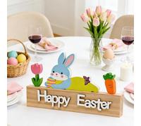 Fangoo Happy Easter Bunny Table Signs Decorations Wooden Bunny Block Table Centerpiece Easter Tiered Tray Decor Rabbit Tabletop Signs Rustic Farmhouse Kitchen Shelf Office Gift Spring Holiday Decor