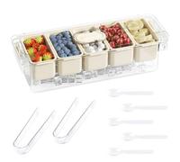 Fangoo Ice Chilled Condiment Caddy with Lids and 5 Removable Compartment Bar Garnish Tray Caddy with Tong 5 Forks Ice Serving Trays for Salad Fruit Pizza Topping Station Buffets Party Accessories