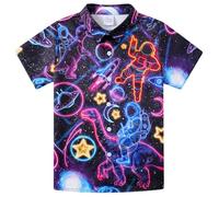 Fanient Boys Shirts Casual Short Sleeve Shirts Neon Astronaut Dinosaur Print T Shirt Button Down Shirt for Teens 9-10 Years,M