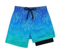 Fanient Boys Swimming Shorts Kids Swimming Trunks with Compression Liner Blue Hawaii Printed Beach Swim Shorts 14-16 Years,14T
