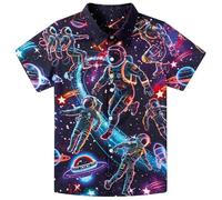Fanient Button Down Shirts for Boys Neon Galaxy Astronaut Print Shirts Short Sleeve Streetstyle Wear Shirt 9-10 Years,M