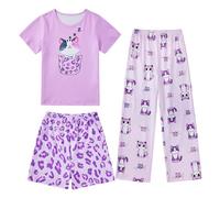 Fanient Pyjamas for Girls Sleepwears 3pcs Cute Cats Printed Nightwear Girls Short Sleeves Pyjamas Sets All Seasons Wear for 9-10 Years