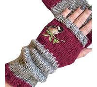 FANJABA Women Winter Knitted Fingerless Gloves Bird Embroidered Half Finger Mittens Outdoor Driving Thumb Hole Arm, wine red, 24x8cm(9.45x3.15in)