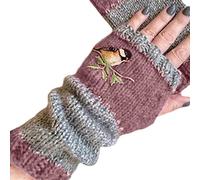 FANJABA Women Winter Knitted Fingerless Gloves Bird Embroidered Half Finger Mittens Outdoor Driving Thumb Hole Arm, red coffee, 24x8cm(9.45x3.15in)