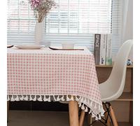 Fanjow® Checked Plaid Cotton Linen Tablecloth Geometric Table Cover with Tassel Fringe Tablecloth, Cotton Tassel Table Cloth Dustproof Table Cover