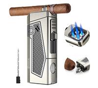 FANKAI Cigar Lighter with 4 Jet Flame Torches, Cigar Puncher, Cigar Holder, Cigar Enhancer, Rechargeable Torch Lighter, Multifunctional Windproof Smoking Lighters (Grey)