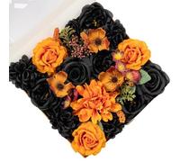 FANKO Artificial Flowers Black Rose: Mixed Fake Silk Flowers Combo Orange Rose & Dahlia Vintage Assorted Blooms for DIY Wedding Bridal Bouquets/Centerpieces/Halloween Decor