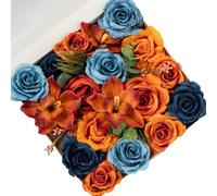 FANKO Artificial Flowers Gradient Orange Rose: Mixed Fake Silk Flowers Combo Dusty & Navy Blue Rose Orchid Vintage Assorted Blooms for DIY Wedding Bridal Bouquets/Centerpieces/Home Decor