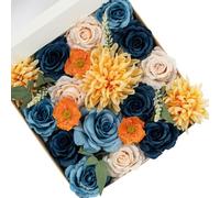 FANKO Artificial Flowers Navy Blue Rose, Mixed Fake Silk Flowers Combo Cream Rose Yellow Chrysanthemum Vintage Assorted Blooms for DIY Wedding Bridal Bouquets/Centerpieces/Home Decor