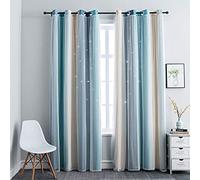 FANLI Ombre Rainbow Blackout Curtains for Kid Girls Bedroom Living Room Darking Stripe Double Layer Star Cut Out Wall Home Decor Gradient Grommet Window Curtains (Blue/Yellow, 52W x 63L)