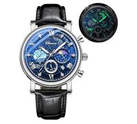 FANMIS Classic Analog Watches Multifunction Military Sport Men Business Waterproof Luminous Chronograph Starry Sky Moon Phase Leather Watch, Blue, Fashion Watch