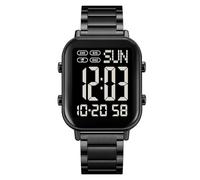FANMIS Classic Unisex Digital Sports Watches Women's Men's Multifunctional Watch Stainless Steel Band Square Big Numbers Dial Waterproof Electronic Led Watch, Black Black