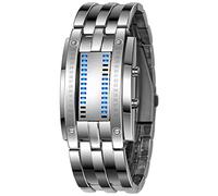 FANMIS Creative Mens Binary Matrix Blue LED Digital Watch Fashion Classic Black Plated Waterproof LED Backlight Bracelet Watches, Silver, Digital,Quartz Movement