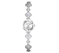 FANMIS Elegant Hollow Four Leaf Clover Womens Bracelet Gold Tone Watch Waterproof Luxury Diamond Dress Ladies' Bracelet Watch Four Leaf Clover Design Ladies' Timepiece, Silver White