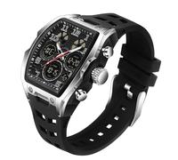 FANMIS Fashion Men Watch Unique Rectangle Dial Waterproof Digital Analog Dual Time Display Stopwatch Cool Punk Design Silicone Band, Black/Silver