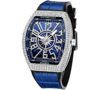 FANMIS Mens Big Skull Rectangle Punk Diamond Dial Leather Band Calendar Sports Quartz Wrist Watch, Silver Blue, Rectangle Punk Diamond Watch
