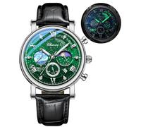 FANMIS Men's Classic Multifunctional Military Sports Analog Watch Business Dress Waterproof Luminous Chronograph Starry Sky Moon Phase Leather Wristwatch, Z Silver Green, Fashion watch