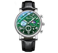 FANMIS Men's Classic Multifunctional Military Sports Analog Watch Business Dress Waterproof Luminous Chronograph Starry Sky Moon Phase Leather Wristwatch, Z Silver Green, Fashion watch