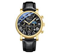 FANMIS Men's Classic Multifunctional Military Sports Analog Watch Business Dress Waterproof Luminous Chronograph Starry Sky Moon Phase Leather Wristwatch, X Gold Black, Fashion watch