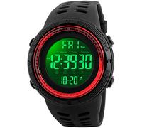 FANMIS Mens Digital LED Sports Watch Military Multifunction 12H/24H Time Dual Time Alarm Countdown Back Light with Simple Design 164FT 50M Water Resistant Calendar Month Date Day Watch, Black Red,
