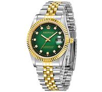 FANMIS Men's Luxury Business Waterproof Wristwatch Analog Two Tone Stainless Steel Date Quartz Watches, Green, Business Casual Fashion Sports