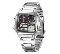 FANMIS Men's Luxury Digital Quartz Waterproof Wrist Watches Dual Time Countdown Alarm Stopwatch Backlight Multi-Function Watch, Z Silver Black