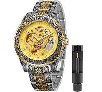 FANMIS Mens Luxury Engraving Wrist Watches Unique Tattoo Pattern Carved Stainless Steel Band Luminous Automatic Skeleton Watch, Gold Gold, Skeleton Watch