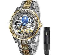 FANMIS Mens Luxury Engraving Wrist Watches Unique Tattoo Pattern Carved Stainless Steel Band Luminous Automatic Skeleton Watch, Gold,