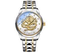FANMIS Men's Luxury Golden Dragon Watch Unique Carved Diamond Dial Quartz Watch Classic Business Luminous Waterproof Wristwatches Stainless Steel Strap, Silver White
